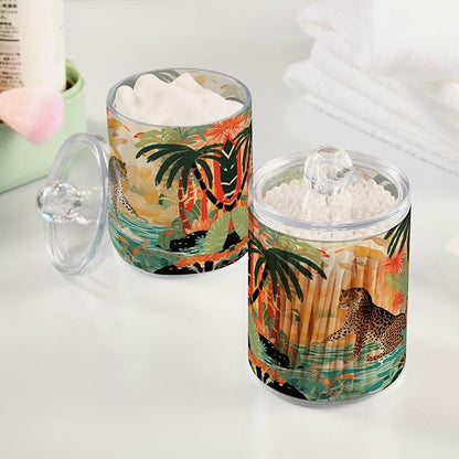 MNSRUU 4 Pack Qtip Holder Organizer Dispenser Cheetah and Forest Pink Bathroom Storage Canister Cotton Ball Holder Bathroom Containers for Cotton Swabs/Pads/Floss