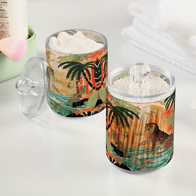 MNSRUU 2 Pack Qtip Holder Organizer Dispenser Cheetah and Forest Pink Bathroom Storage Canister Cotton Ball Holder Bathroom Containers for Cotton Swabs/Pads/Floss