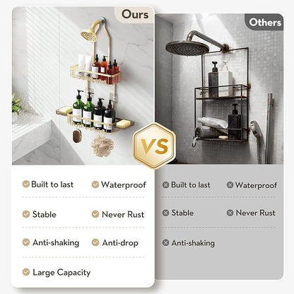 VALORDINE Shower Caddy Hanging, Shower Organizer Hanging, Aluminum Shower Racks for Inside Shower with Hooks for Razor, Never Rust Bathroom Organizers and Storage with Soap Holder, Gold