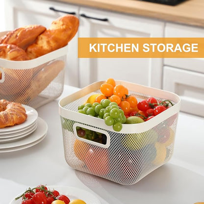 4 Pack Metal Mesh Basket with Hollow Handles White Wire Storage Bin for Organizing Stackable Metal Fine Mesh Basket for Pantry Bathroom Kitchen Cabinets Shelves (Medium and Large)