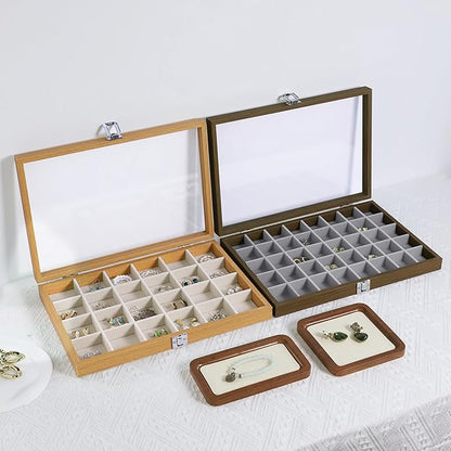 Stratalife Jewelry Organizer Wooden Bracelet Jewelry Box 30 Grid Jewelry Tray with Lid Earring Holder Organizer Necklace Bracelet Bangle Ring Organizer for Women Vintage Jewelry Box