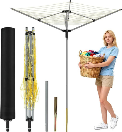 tonchean 165 Feet Outdoor Umbrella Drying Rack, 4-arm Rotary Umbrella Clothesline for Laundry Adjustable Height Rotary Dryer Collapsible Clothes Drying Rack with 12-Lines