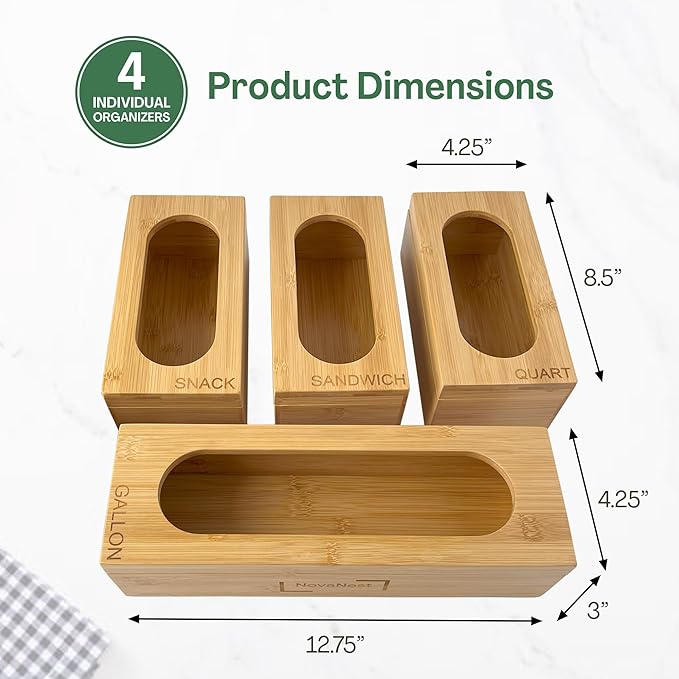 4PCS Bamboo Storage Bag Organizer Set Multi-Use Baggie Organizers for Gallon, Quart, Sandwich, Snack Food Bags, Tea Bag, Silverware, Ideal for Kitchen, Office, Makeup, Bathroom, Utensil, Junk Drawer