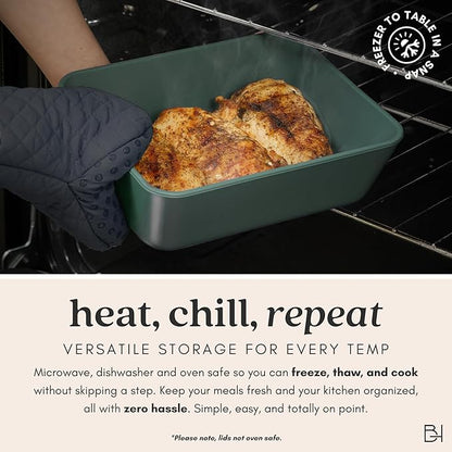 Ceramic Coated Glass Food Storage Container | No PTFE, PFOA, PFAS, and BPA | Reusable Non Toxic Meal Prep Container with Glass Lid | Easy To Store | 8 Cup Square [Pine]