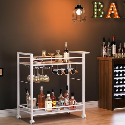 Bar Cart,Home Bar Serving Cart with Storage Shelves, 2 Tier Rolling Beverage Cart with Wheels, Modern Wine Cart with Wine Rack and Glass Holder for Kitchen, Living Room,Dinning Room,White