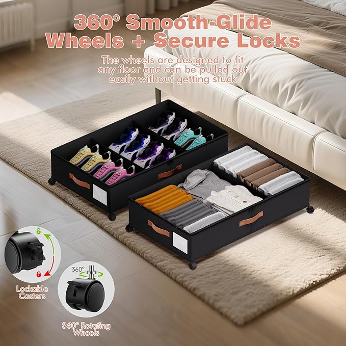 DCET Under Bed Storage with Wheels - Rolling Underbed Containers with PVC Clear Lid & Dividers, 600D Oxford Fabric, PU Leather Handles, Adjustable Magic Tape Partition, XXL 66L,2 Pack (Black)