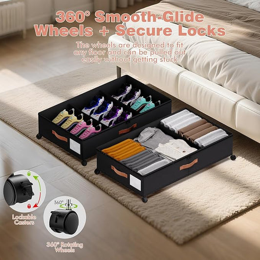DCET Under Bed Storage with Wheels - Rolling Underbed Containers with PVC Clear Lid & Dividers, 600D Oxford Fabric, PU Leather Handles, Adjustable Magic Tape Partition, XXL 66L,2 Pack (Black)