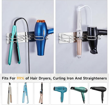 Oukimly Blow Dryer Holder Wall Mounted Curling Iron Holder, 3 in 1 Hair Tool Organizer for Straightener, Curling Iron, Hair Dryer Holder Adhesive Flat Irons Storage for Bathroom Barber Shop (Silver)
