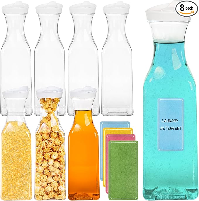 Goaste 8 Pack Laundry Detergent Dispenser, 54oz Laundry Soap Dispenser Bottle with Waterproof Label, Liquid Laundry Detergent Container, Plastic Fabric Softener Organizer for Bleach Powder Beads