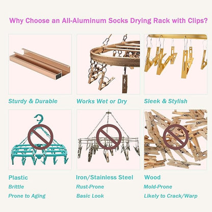 Underwear Hanger for Drying with 26 Clips - Aluminum Hanging Drying Rack for Socks, Lingerie & Baby Clothes | Wind-Resistant Hook & Oval Design (Rose Gold)