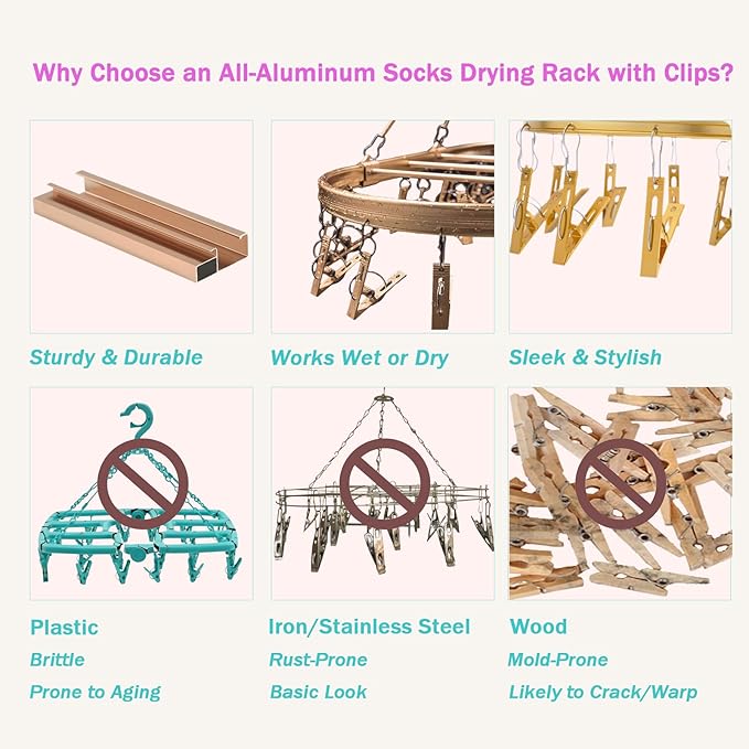 Sock Drying Rack with 26 Clips - Aluminum Hanging Drying Rack for Underwear, Baby Clothes & Delicates | Wind-Resistant Hook & Oval Design (Champagne Gold)