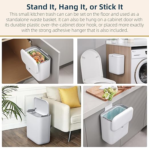 MUEE Hanging Compost Bin for Kitchen Cabinet Door - 2.4 Gal Small Trash Can with Lid, Under-Sink Food Scraps Collector, Slim Odorless Waste Bin for Apartment Essentials & RV - White