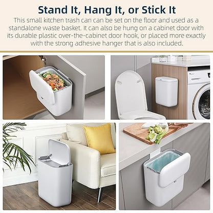 MUEE Hanging Compost Bin for Kitchen Cabinet Door - 2.4 Gal Small Trash Can with Lid, Under-Sink Food Scraps Collector, Slim Odorless Waste Bin for Apartment Essentials & RV - White