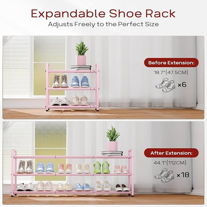 Bumusty 3-Tier Long Expandable Shoe Rack for Closet, 18"-44" Adjustable Shoe Rack for Entryway, 15-18 Pairs Large Shoe Organizer Shelf Storage, Sturdy Metal, Pink