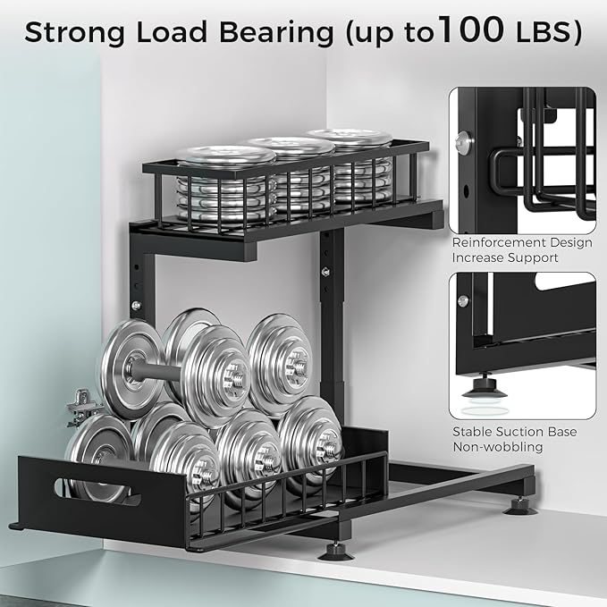 Under Sink Organizer, 2-Tier Premium Metal Pull-Out Racks with Adjustable Height, Heavy Duty Sliding Bin for Bathroom and Kitchen Cabinet Storage, Rust Resistant 1 Pack
