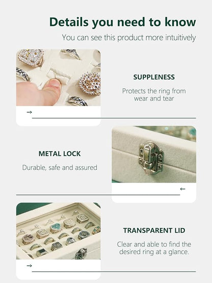 Ring Holder Organizer Box,Jewelry Ring Display Case, Earring Necklace Storage Tray With Top Glass Lid (Beige, 30 Slots Ring)