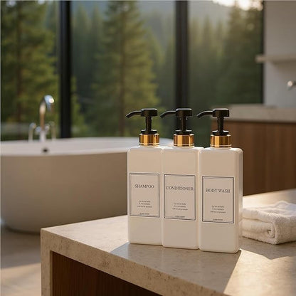 Shampoo and Conditioner Dispenser - Modern Gold Design Large 27oz Shower Soap Dispenser Set of 3, Refillable Empty Plastic Pump Bottles for Bathroom, 6 Waterproof Labels Included, Black