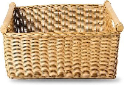 The Basket Lady Pole Handle Wicker Storage Basket, Small, 14 in L x 10 in W x 7.5 in H, Sandstone