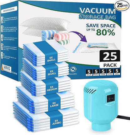 HOTBAG Large Vacuum Storage Bags with Electric Pump 25Pack(5 Jumbo/5 Large/5 Medium/5 Small/5 Roll) Vacuum Seal Bags For Clothing Travel Packing,Blanket,Duvets,Pillows,Comforters