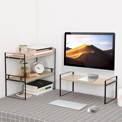 YGYQZ Wood Office Desk Shelf Organizer - Desktop Supplies Cute Dresser Top Organization Storage Rack and Cubicle Decor Aesthetic Bookshelf for Women Man and Kids (Black Wood-Three Tier)