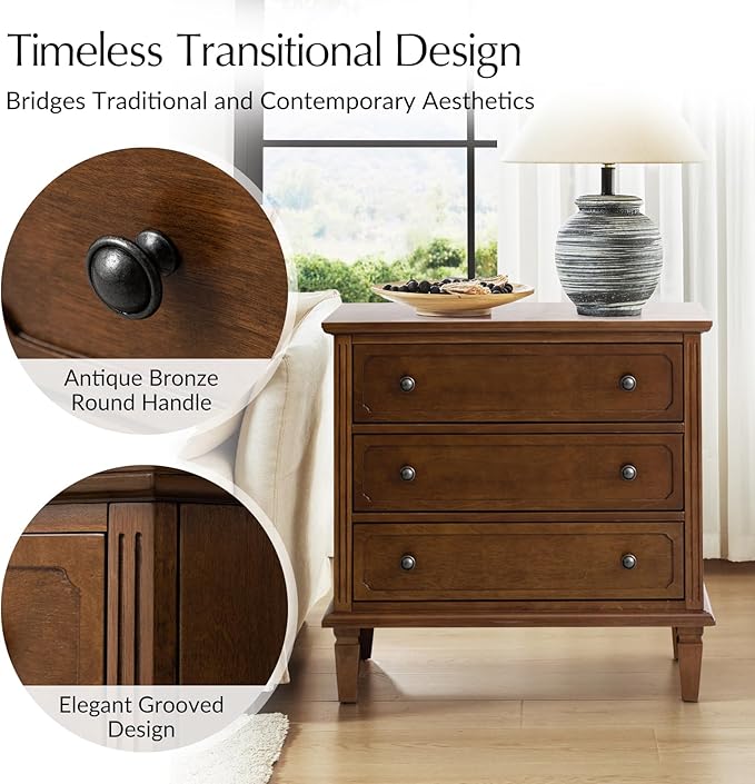 HULALA HOME 3 Drawer End Table with Charging Station, Wooden Drawer Organizer with Wood Legs, Mid Century Modern End Table, Walnut
