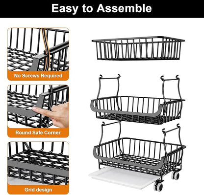 3 Tier Rolling Pantry Floor Organizers and Storage Cart with Wheels, Stackable Wire Fruit Basket Stand for Kitchen Organization, Three Tiered Pantry Storage Rack for Snack, Vegetable, Produce, Fruits