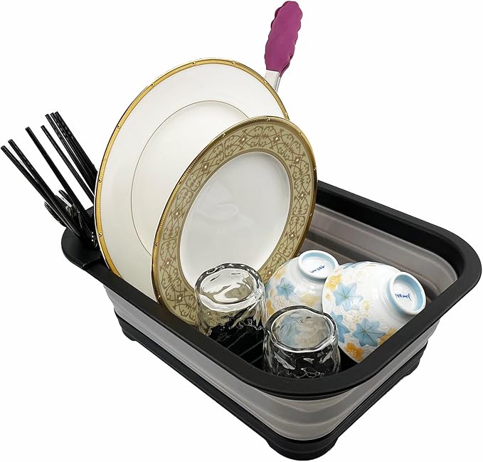 SAMMART 7.3L (1.9 Gallon) Collapsible Plastic Dish Drainer with Drainer Board - Foldable Drying Rack Set - Portable Dinnerware Organizer - Space Saving Kitchen Storage Tray (Black/Alloy Grey)
