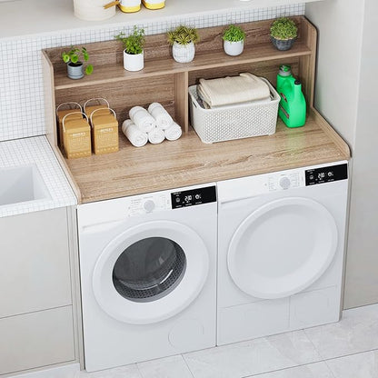 Washer Dryer Countertop with 2 Tier Shelf, 27.5" W × 54" L Laundry Wood Countertop with Edge Rails for Laundry Room Organization and Storage (Oak)