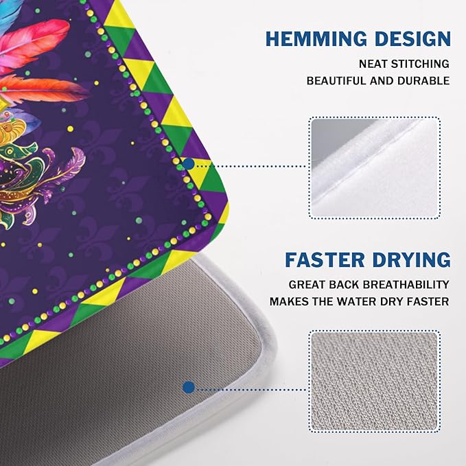 Wnoesat Mardi Gras Dish Drying Mat for Kitchen Counter Masquerade Mask Feather Drying Mats Absorbent Reversible Microfiber Washable Draining Pad Washable Dry Mat 18x24 Inch