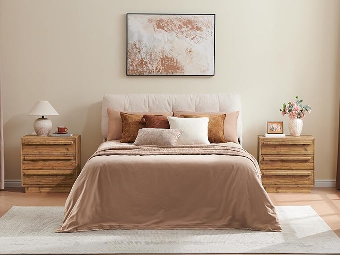 HOKYHOKY Set of 2 Reclaimed Solid Wood Nightstand-24 Inches Large End Table with 3 Drawers, Pre-Assembled Farmhouse Bedside Tables for Living Room, Bedroom