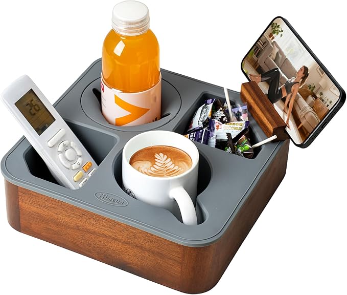 Couch Cup Holder Tray, Acacia Wooden Couch Caddy with Rotatable Phone Holder for Bed Organizer, Waterproof Anti-spill Sofa Cup Holder for Snacks Beverage Remote Grey