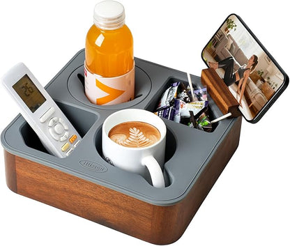 Couch Cup Holder Tray, Acacia Wooden Couch Caddy with Rotatable Phone Holder for Bed Organizer, Waterproof Anti-spill Sofa Cup Holder for Snacks Beverage Remote Grey