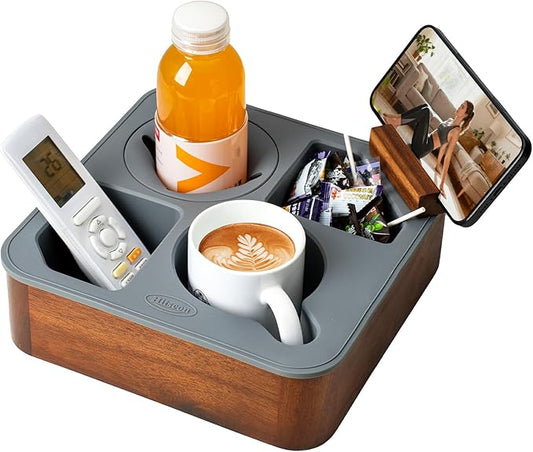 Couch Cup Holder Tray, Acacia Wooden Couch Caddy with Rotatable Phone Holder for Bed Organizer, Waterproof Anti-spill Sofa Cup Holder for Snacks Beverage Remote Grey