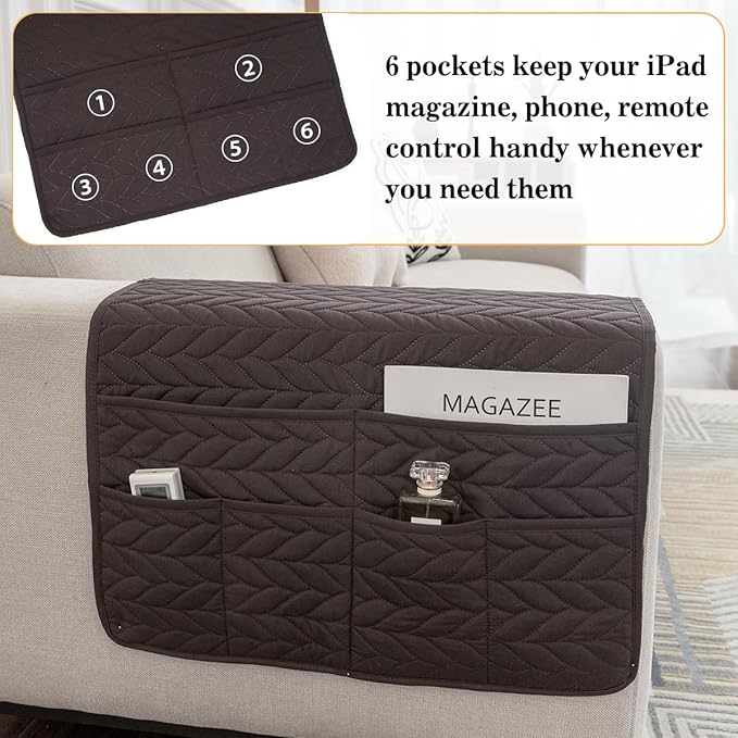 HADEEONG Sofa Armrest Organizer Arm Chair Caddy for Recliner, Remote Control Holder for Recliner, Non-Slip Armchair Caddy with 6 Pockets Storage for Magazine, Chocolate