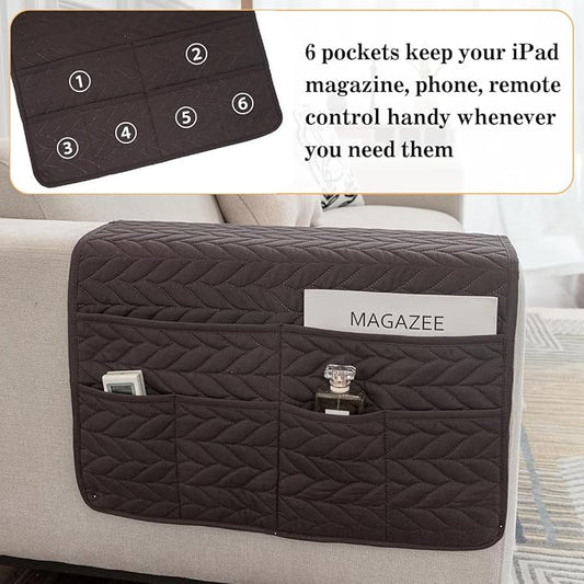 HADEEONG Sofa Armrest Organizer Arm Chair Caddy for Recliner, Remote Control Holder for Recliner, Non-Slip Armchair Caddy with 6 Pockets Storage for Magazine, Chocolate