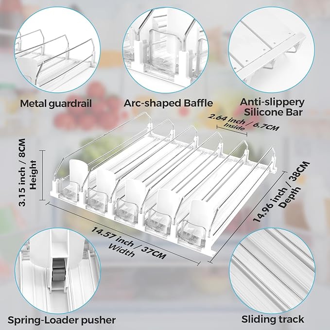 BingoHive Drink Dispenser for Refrigerator, Self-Pushing Soda Can Organizer for Fridge, 5 Rows already Assembled, Automatic Can Dispenser with Spring Loaded for Refrigerator Holds 25 cans, White