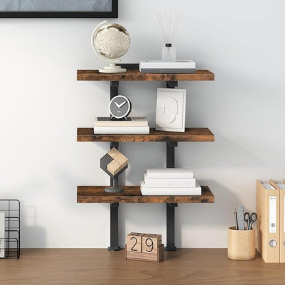 Clamp On Desk Organizer, 3-Tier Desktop Bookshelf, Adjustable Desk Storage Shelf, Metal Frame, for Office, Study and Game Room, Rustic Brown DSHR3601