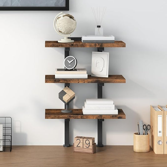 Clamp On Desk Organizer, 3-Tier Desktop Bookshelf, Adjustable Desk Storage Shelf, Metal Frame, for Office, Study and Game Room, Rustic Brown DSHR3601