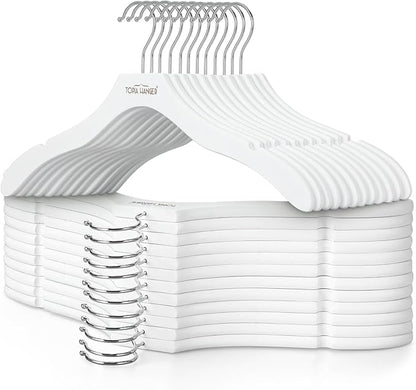 TOPIA HANGER Wooden Coat Hangers 24 Pack, Premium Wood Suit Sweater No Shoulder Bump Hangers, 360° Swivel Hook and Cut Notches Clothes Hangers for Sweater, Coat, Shirts, Hoodies, Dress, White CT85W