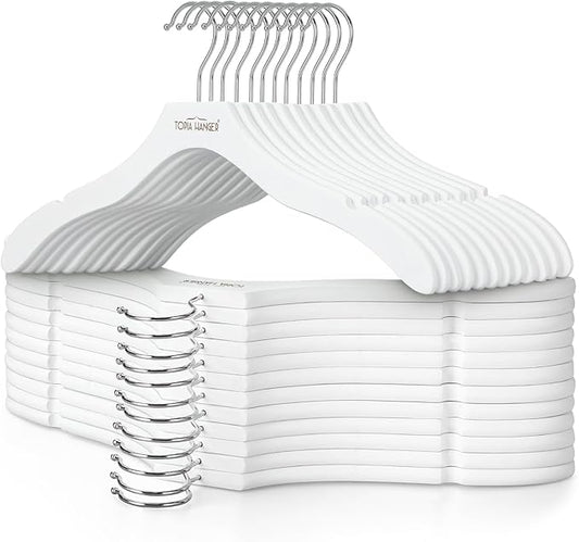 TOPIA HANGER Wooden Coat Hangers 24 Pack, Premium Wood Suit Sweater No Shoulder Bump Hangers, 360° Swivel Hook and Cut Notches Clothes Hangers for Sweater, Coat, Shirts, Hoodies, Dress, White CT85W