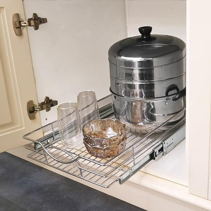 Pull Out Cabinet Organizer 26" W x 21" D, Heavy Duty Kitchen Cabinet Pull Out Shelves, Slide Out Wire Basket for Kitchen Cabinets, Bathroom, Pantry, Chrome Finish