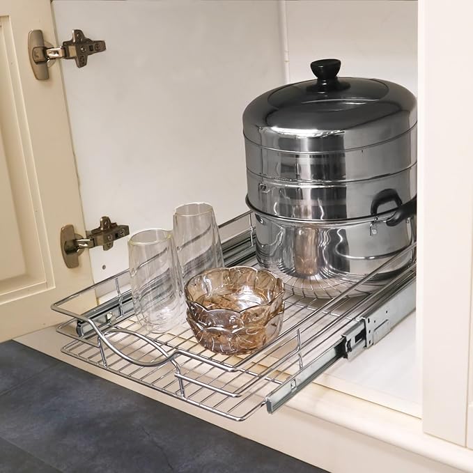 Pull Out Cabinet Organizer 17" W x 21" D, Heavy Duty Kitchen Cabinet Pull Out Shelves, Slide Out Wire Basket for Kitchen Cabinets, Bathroom, Pantry, Chrome Finish
