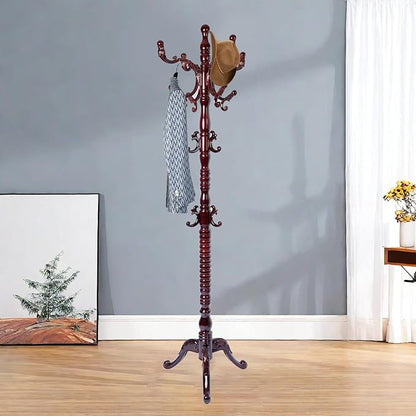 Solid Wood Coat Rack – 73" Freestanding Coat Racks Stand with 14 Hooks & Stable Base, Adjustable Height Modern Wooden Hall Tree for Entryway, Bedroom, Office, Home (Mahogany Triangle)