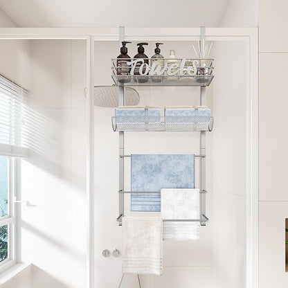 SWTYMIKI Over The Door Towel Racks for Bathroom - 5-Tier Wall Mounted Bathroom Towel Storage Organizer Holder with Metal Shelf, Sliver