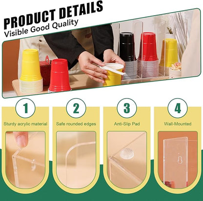 4 Compartments Acrylic Cup and Lid Holder, Clear Disposable Coffee Cup Holder Organizer,Cup Dispenser for Kitchen Bar Shop Party Supplies