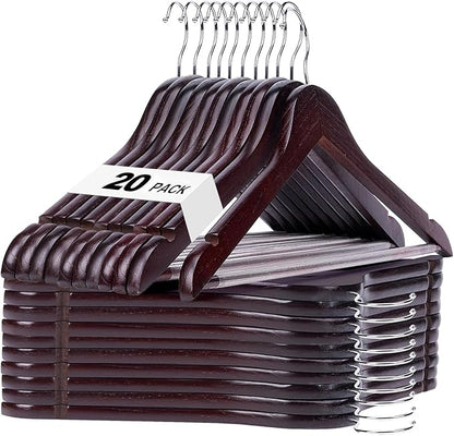 HOUSE DAY Cherry Wooden Hangers 20 Pack, Heavy Duty Wooden Coat Hanger for Closet, Solid Wood Hanger with Non Slip Pant Bar, Smooth Finish Wood Clothes Hangers for Shirts, Suits Jackets, Dress