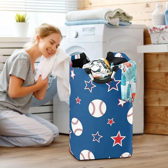 Laundry Hamper Basket Blue Baseball Stars Storage Basket Collapsible Clothes Hamper with Handle Decorative Organizer Bins Basket for Dirty Clothes Living Room Bathroom