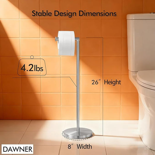 DAWNER 26" Toilet Paper Holder Free Standing, Stainless Steel Toilet Paper Stand, Heavy Weighted Base Floor Tissue Roll Holder for Small Bathrooms, Small Space and Apartments, Brushed Nickel Finish