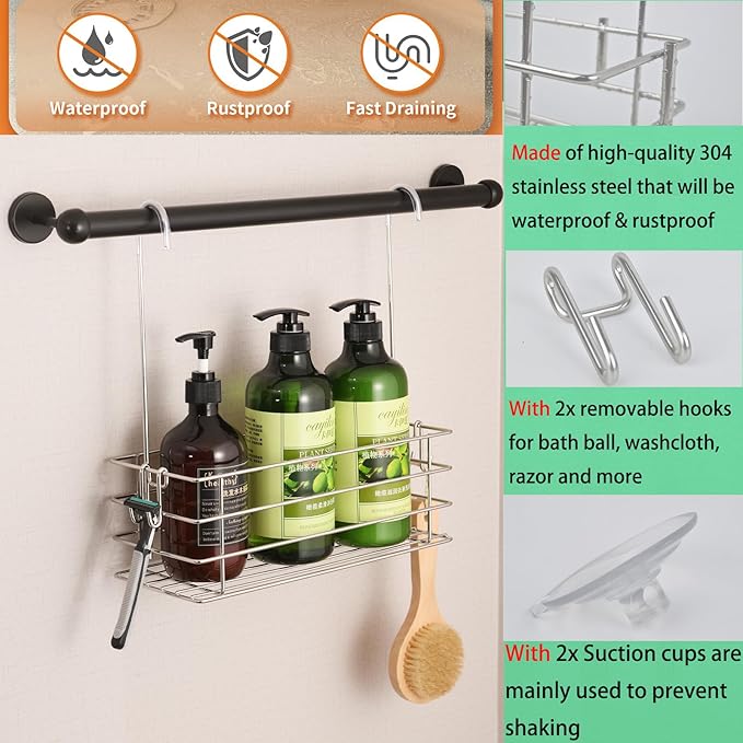 Seltomer Shower Caddy Hanging Shower Rack SUS304 Stainless Steel Hanging Shower Orangizer with Hooks Over The Door, Shampoo Basket Storage (Single-Layer)