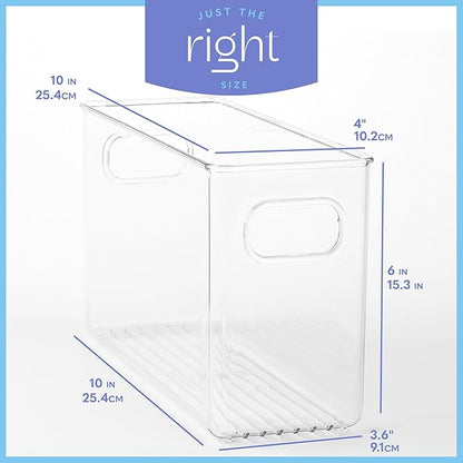 primebox Plastic Food Storage 2 Pack Clear Container Bin with Handles for Organizing Kitchen, Pantry, Refrigerator, Freezer, Pantry, Cabinet, Closet, Bathroom. 10”x4”x6”